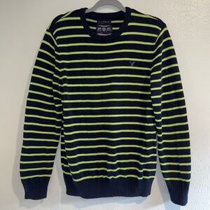 American Eagle Sweater‎ Adult Men L Navy Blue Green Stripe Cotton Preppy Dad